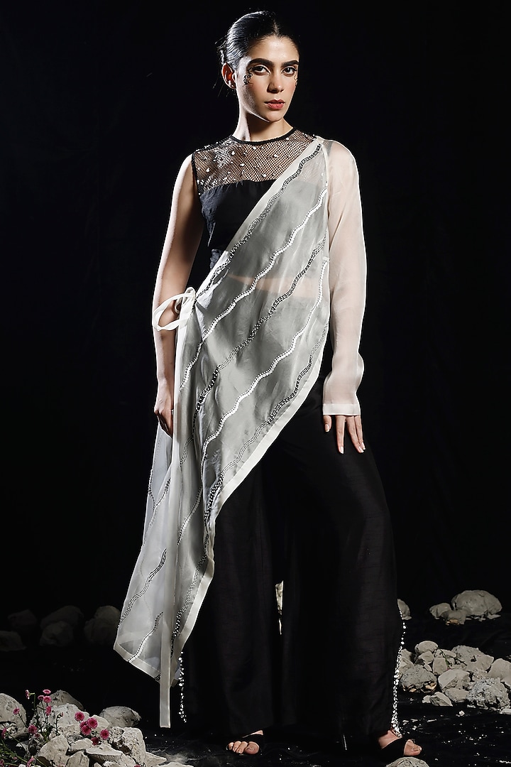 Black Organza & Mysore Silk Pant Set by eclat by Prerika