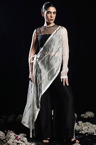 Black Organza & Mysore Silk Pant Set by eclat by Prerika