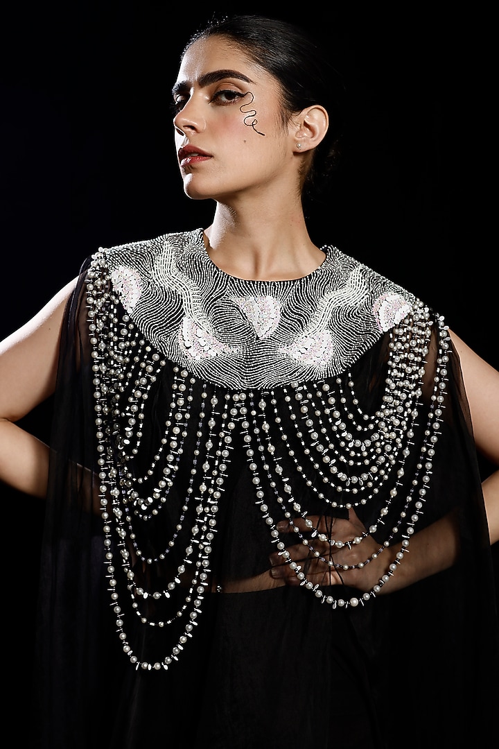 Black Ombre Organza & Mysore Silk Embroidered Cape Set by eclat by Prerika at Pernia's Pop Up Shop