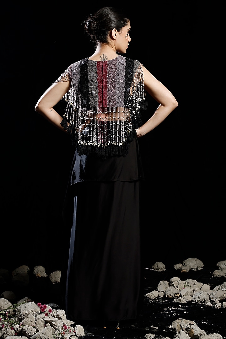 Black Silk Chanderi & Modal Satin Embroidered Cape Set by eclat by Prerika at Pernia's Pop Up Shop