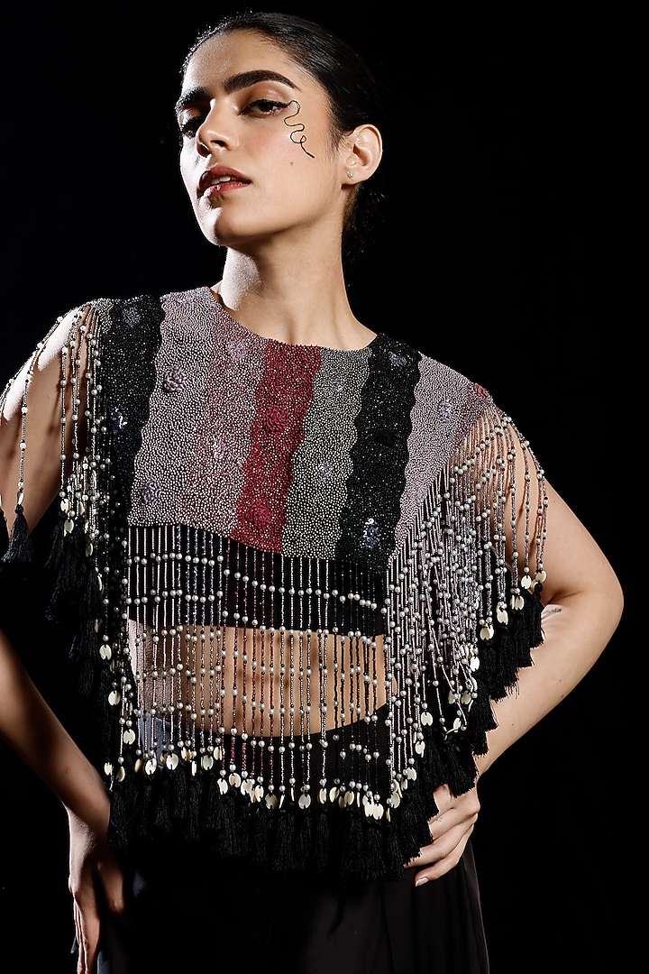 Black Silk Chanderi & Modal Satin Embroidered Cape Set by eclat by Prerika at Pernia's Pop Up Shop