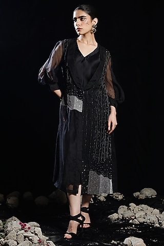 Black Silk Satin & Organza Embroidered Jacket Dress by eclat by Prerika
