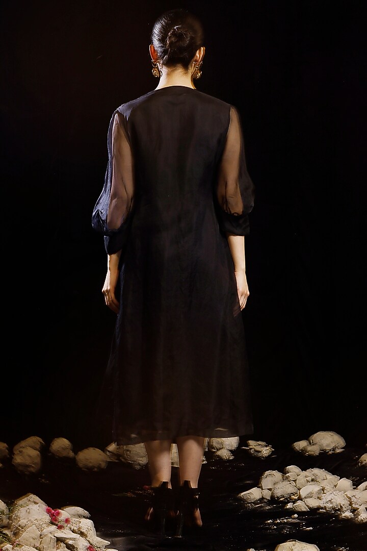 Black Silk Satin & Organza Embroidered Jacket Vacation Dress by eclat by Prerika at Pernia's Pop Up Shop