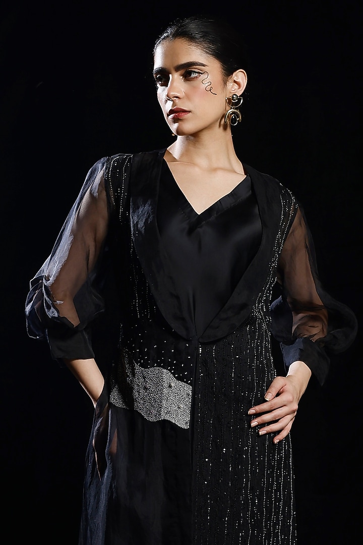 Black Silk Satin & Organza Embroidered Jacket Vacation Dress by eclat by Prerika at Pernia's Pop Up Shop