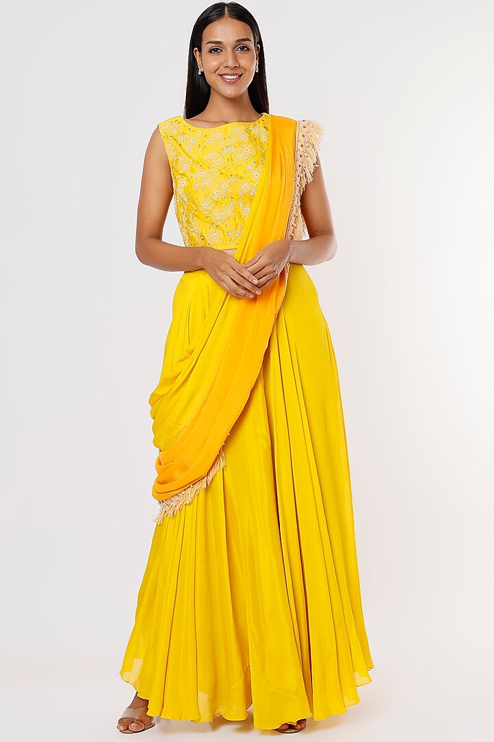 Yellow Lehenga Set With Ombre Drape by eclat by Prerika