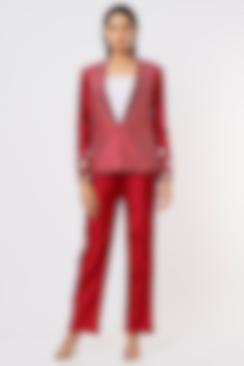 Red Satin Linen Blazer Set by eclat by Prerika