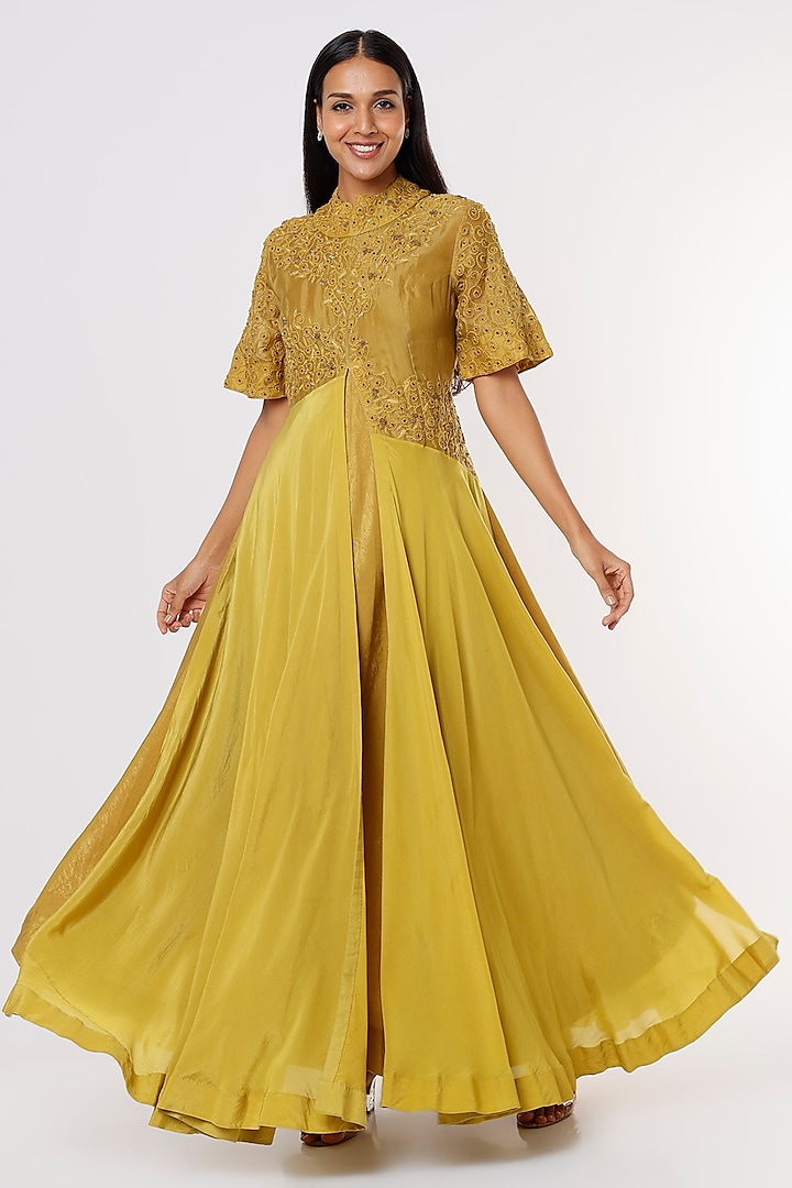 Mustard Hand Embroidered Maxi Dress by eclat by Prerika