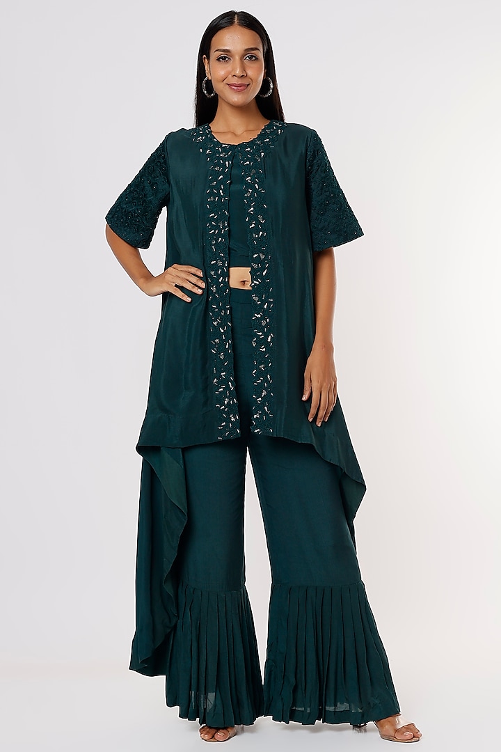 Green Pleated Pant Set by eclat by Prerika
