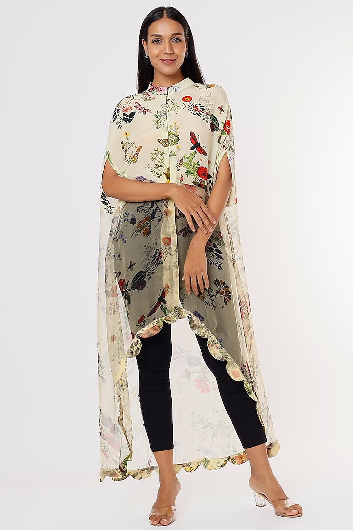 Pale Yellow Printed Cape Set by eclat by Prerika