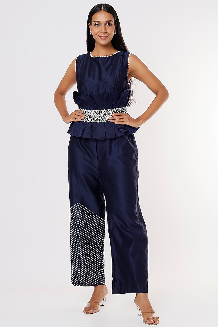 Midnight Blue Embroidered Jumpsuit by eclat by Prerika