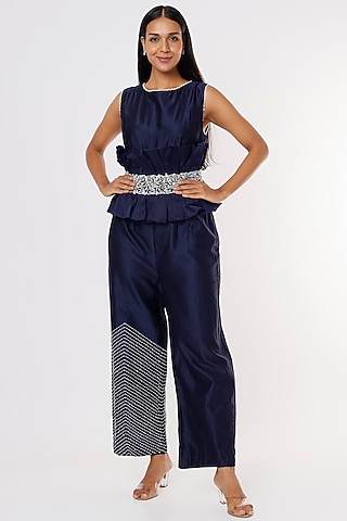 Midnight Blue Embroidered Jumpsuit by eclat by Prerika