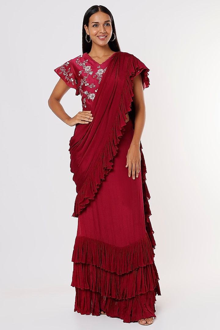 Maroon Ruffled Pre-Stitched Saree Set by eclat by Prerika