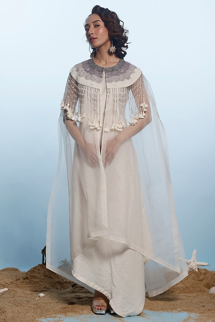 Ivory Satin Linen Jacket Dress by eclat by Prerika