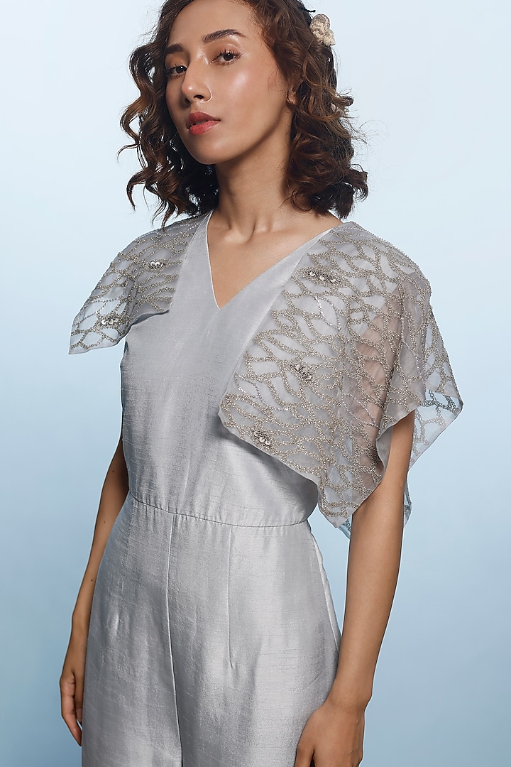 Ash Grey Mysore Silk & Organza Jumpsuit by eclat by Prerika at Pernia's Pop Up Shop