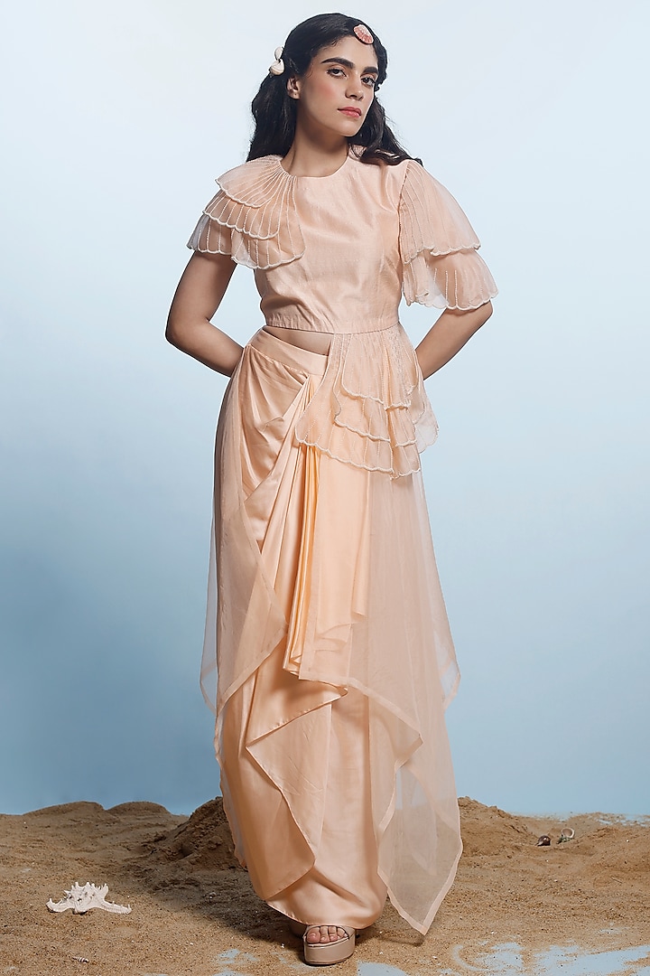 Peach Organza & Satin Organza Draped Skirt Set by eclat by Prerika