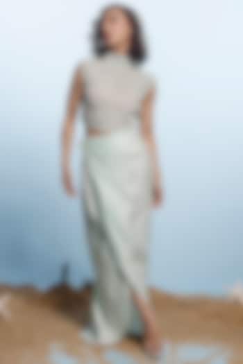 Sea Blue Modal Satin Draped Skirt Set by eclat by Prerika