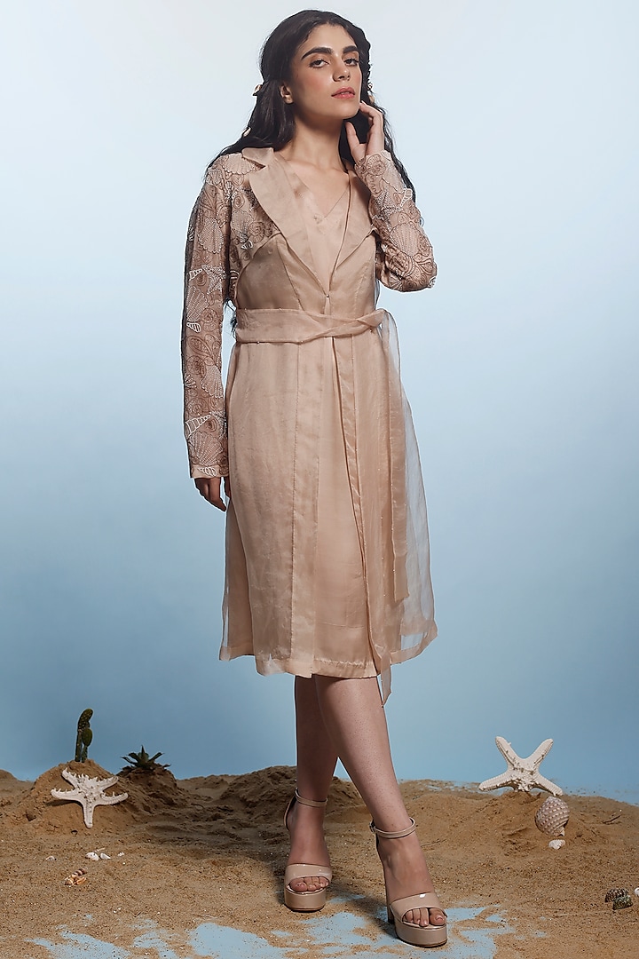 Beige Silk Satin & Organza Jacket Dress by eclat by Prerika