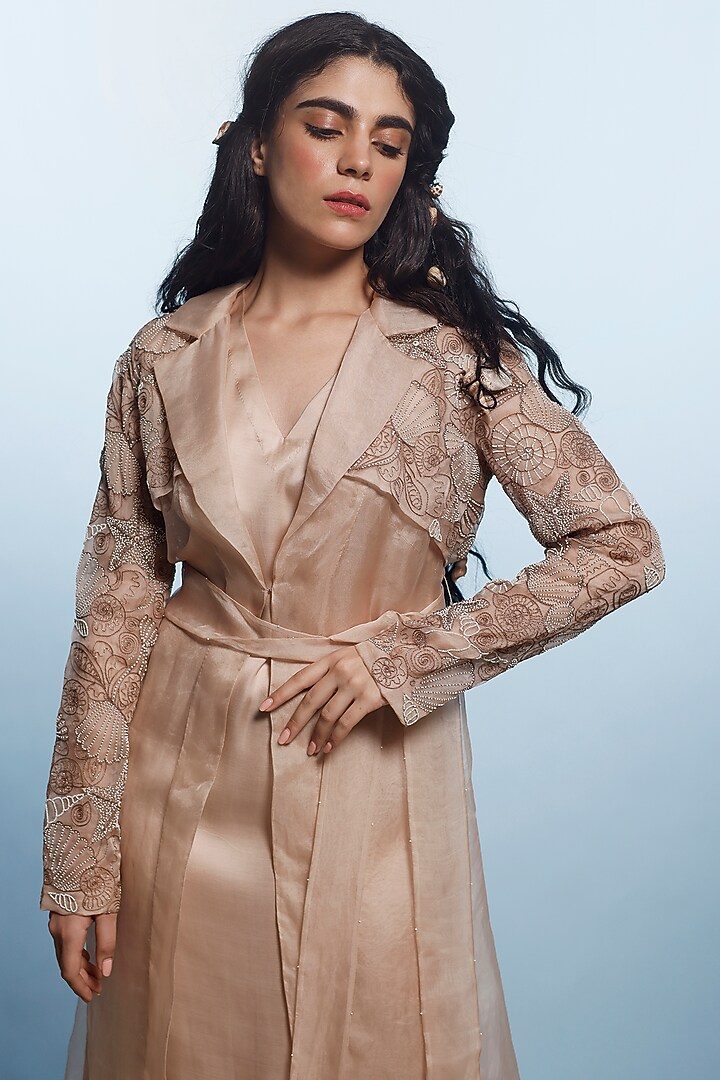 Beige Silk Satin & Organza Jacket Vacation Dress by eclat by Prerika at Pernia's Pop Up Shop