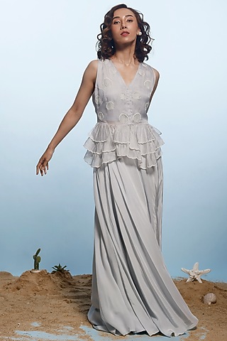 Ash Grey Crepe & Satin Organza Pant Set by eclat by Prerika