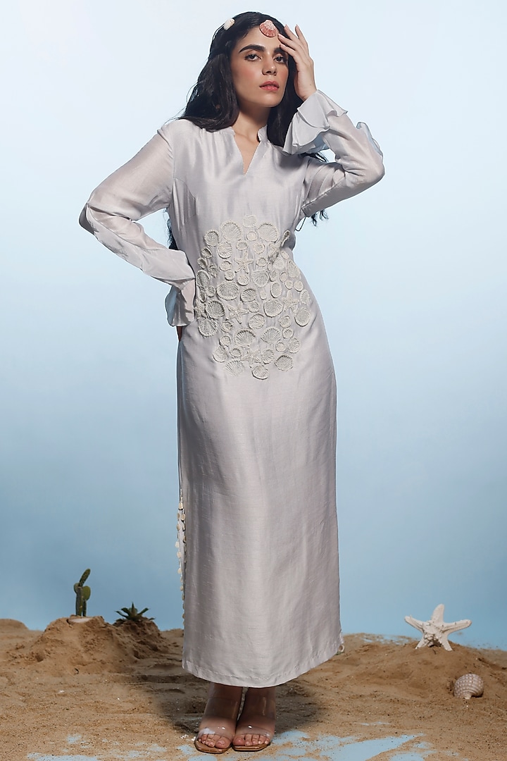 Ash Grey Mysore Silk & Crepe Embroidered Dress by eclat by Prerika