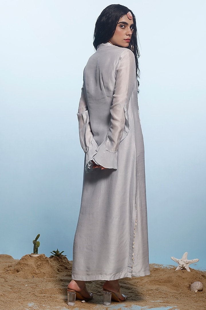 Ash Grey Mysore Silk & Crepe Embroidered Vacation Dress by eclat by Prerika at Pernia's Pop Up Shop