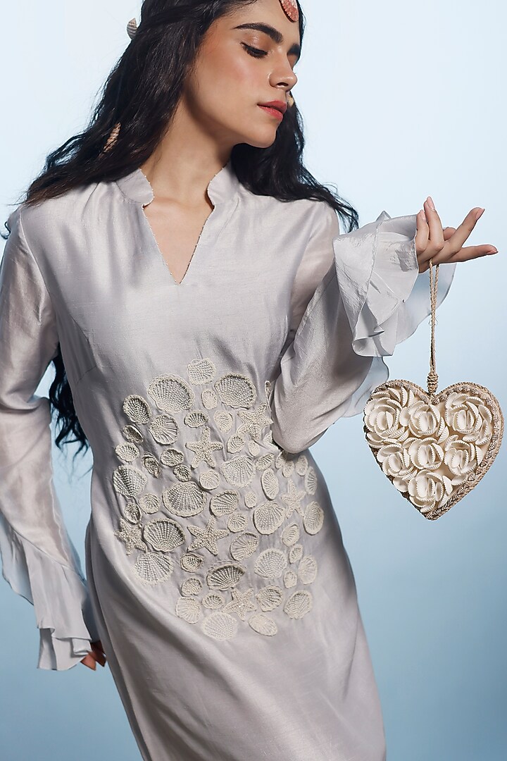 Ash Grey Mysore Silk & Crepe Embroidered Vacation Dress by eclat by Prerika at Pernia's Pop Up Shop