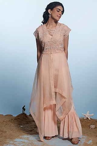 Peach Organza & Satin Organza Embroidered Jacket Set by eclat by Prerika