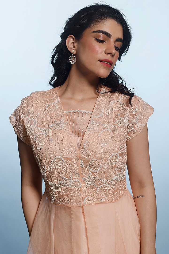 Peach Organza & Satin Organza Embroidered Jacket Set by eclat by Prerika at Pernia's Pop Up Shop
