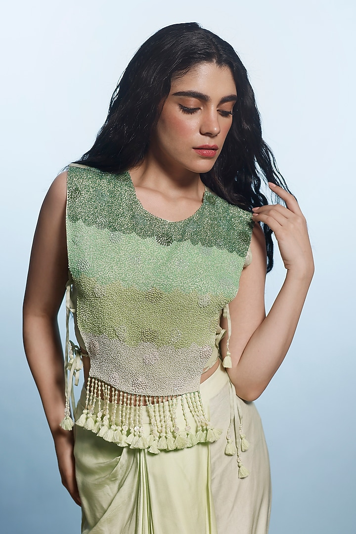 Mint Green Silk Satin & Mysore Silk Draped Skirt Set by eclat by Prerika at Pernia's Pop Up Shop