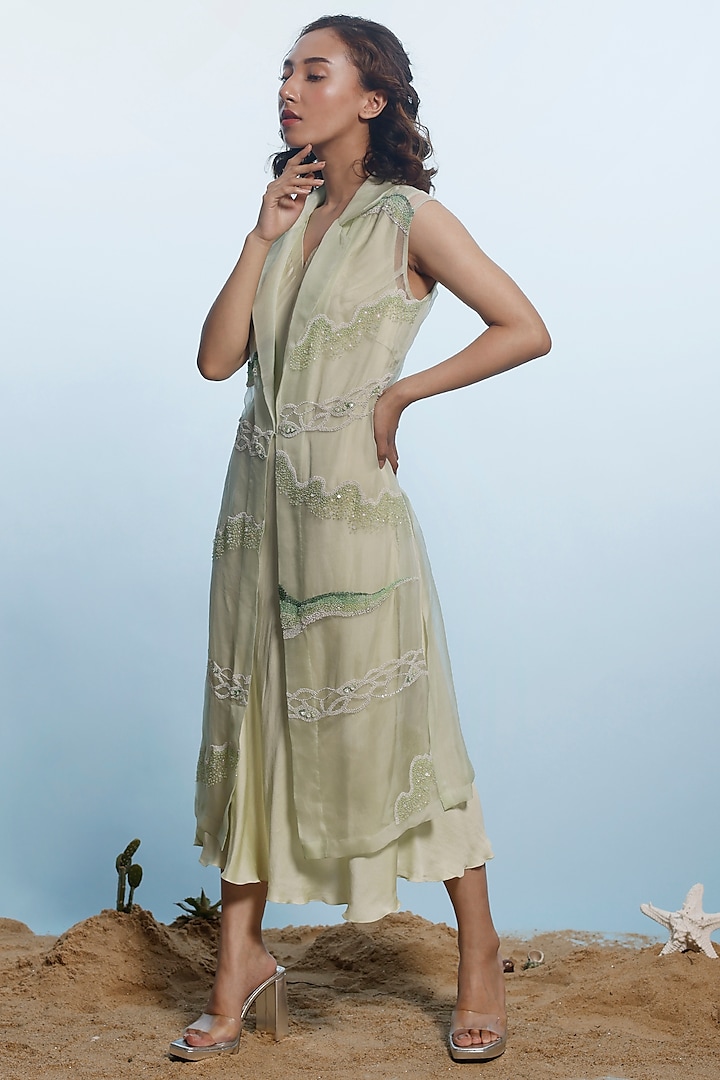 Mint Green Silk Satin & Organza Jacket Dress by eclat by Prerika