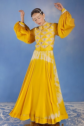 Yellow Dress With Embroidered Jacket by eclat by Prerika