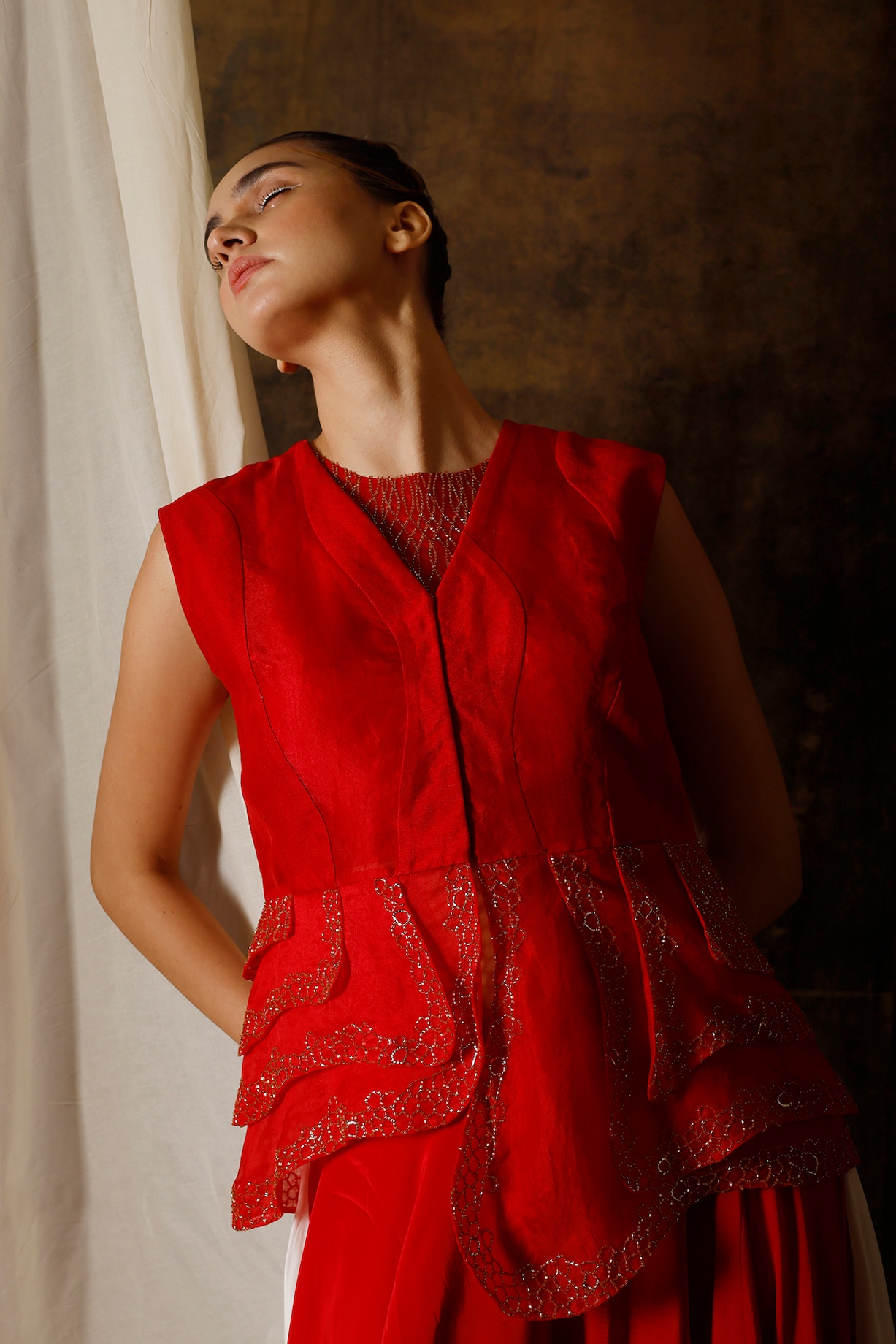 Red Embroidered Jaket Set main image 1