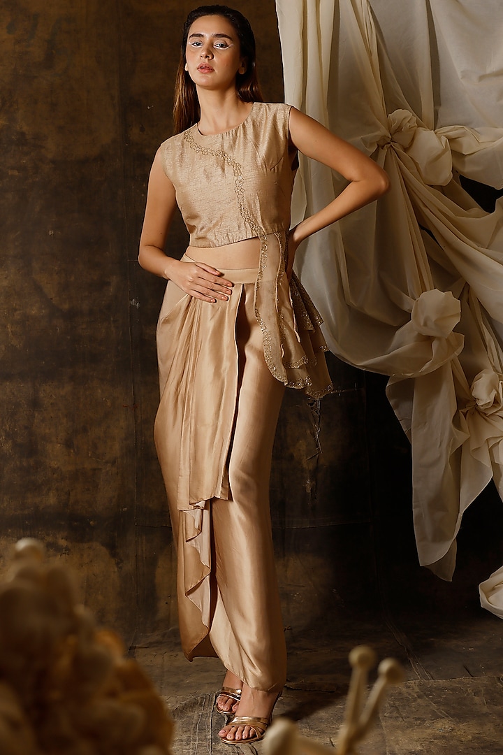 Sand Embroidered Draped Skirt Set by eclat by Prerika