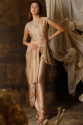 Sand Embroidered Draped Skirt Set by eclat by Prerika