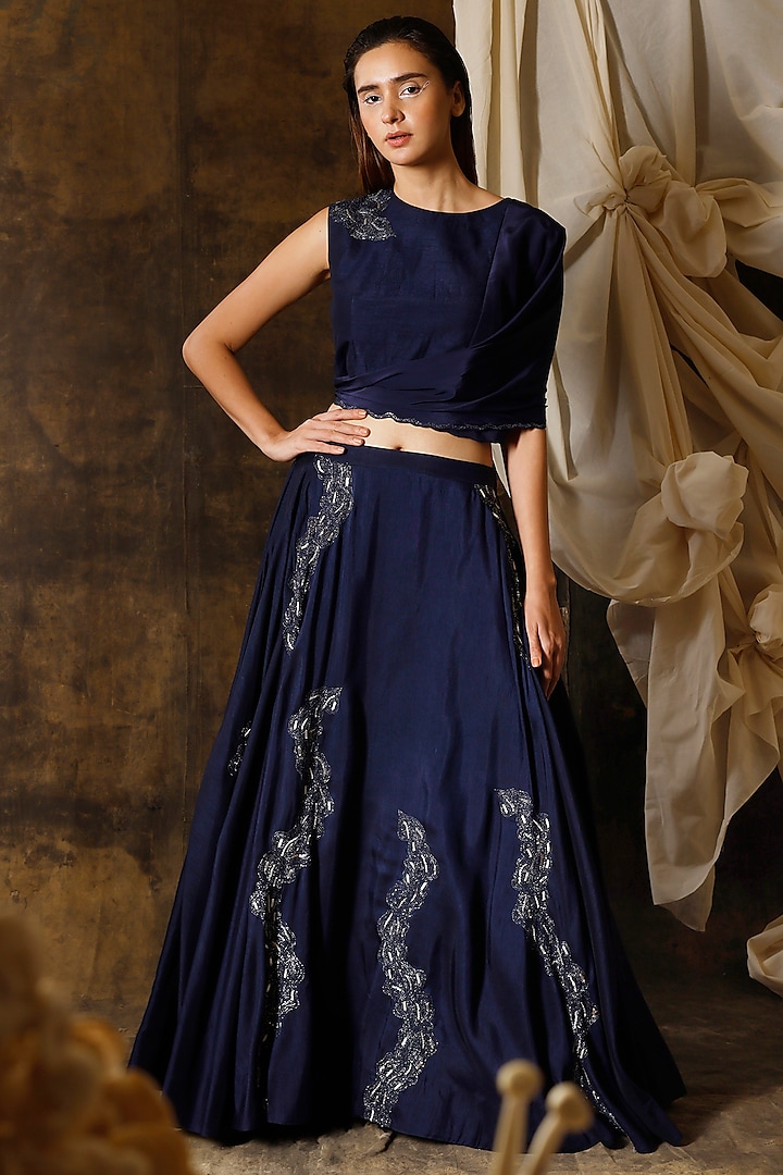 Midnight Blue Embroidered Skirt Set by eclat by Prerika