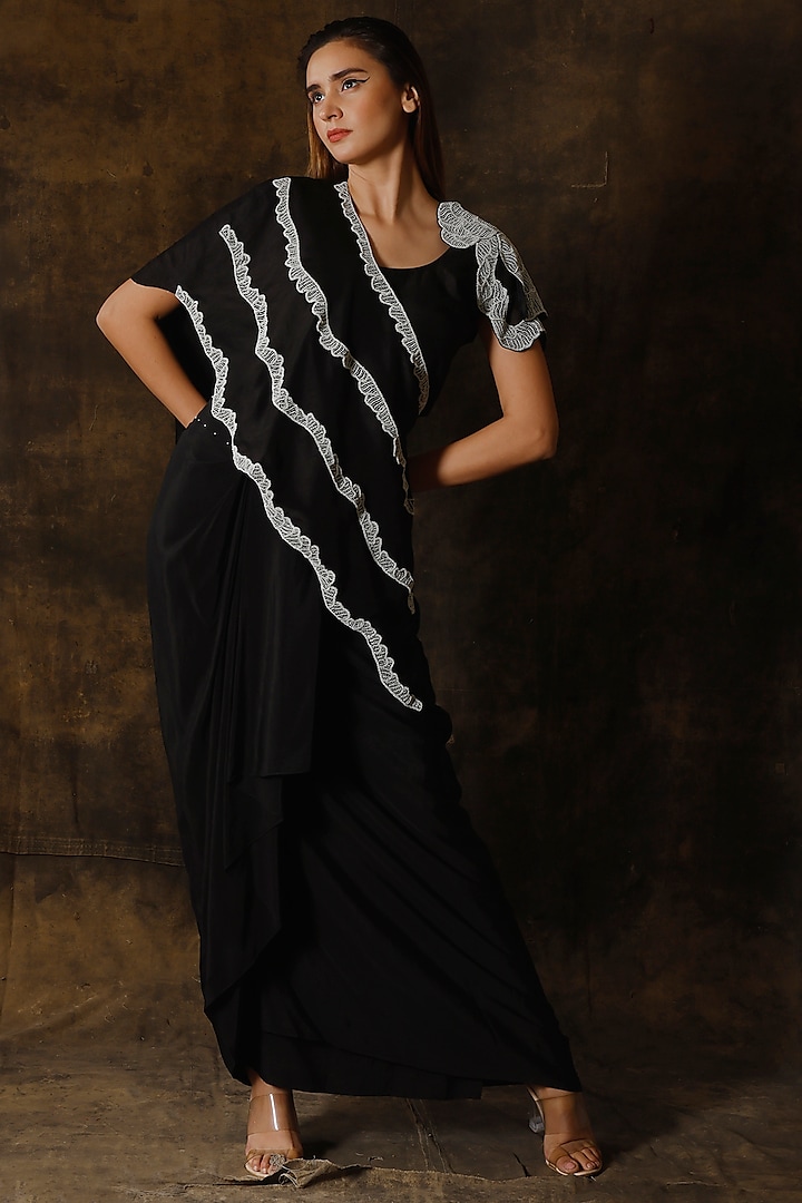 Black Crepe Draped Skirt Set by eclat by Prerika