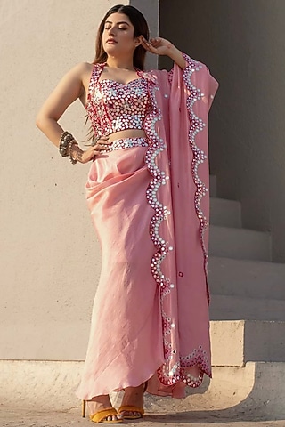 Baby Pink & Blood-Red Draped Skirt Set by Nitara Dhanraj Label