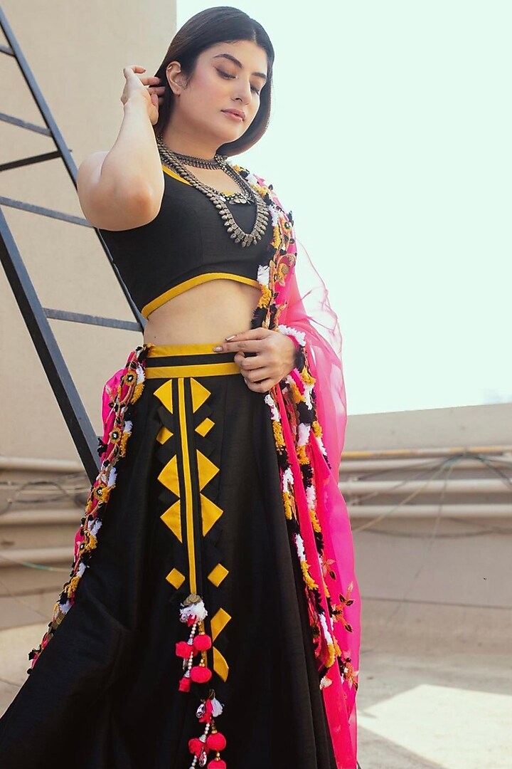 Black & Mustard Yellow Organza Wedding Lehenga Set by Nitara Dhanraj Label at Pernia's Pop Up Shop