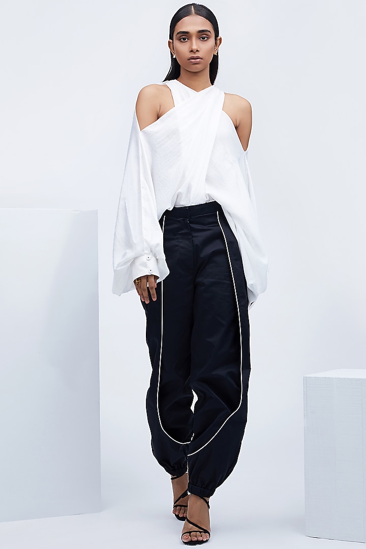 Black Layered Pants With White Piping by Echo