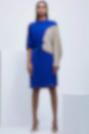 Cobalt Blue & Beige Dress With Elasticated Waist by Echo