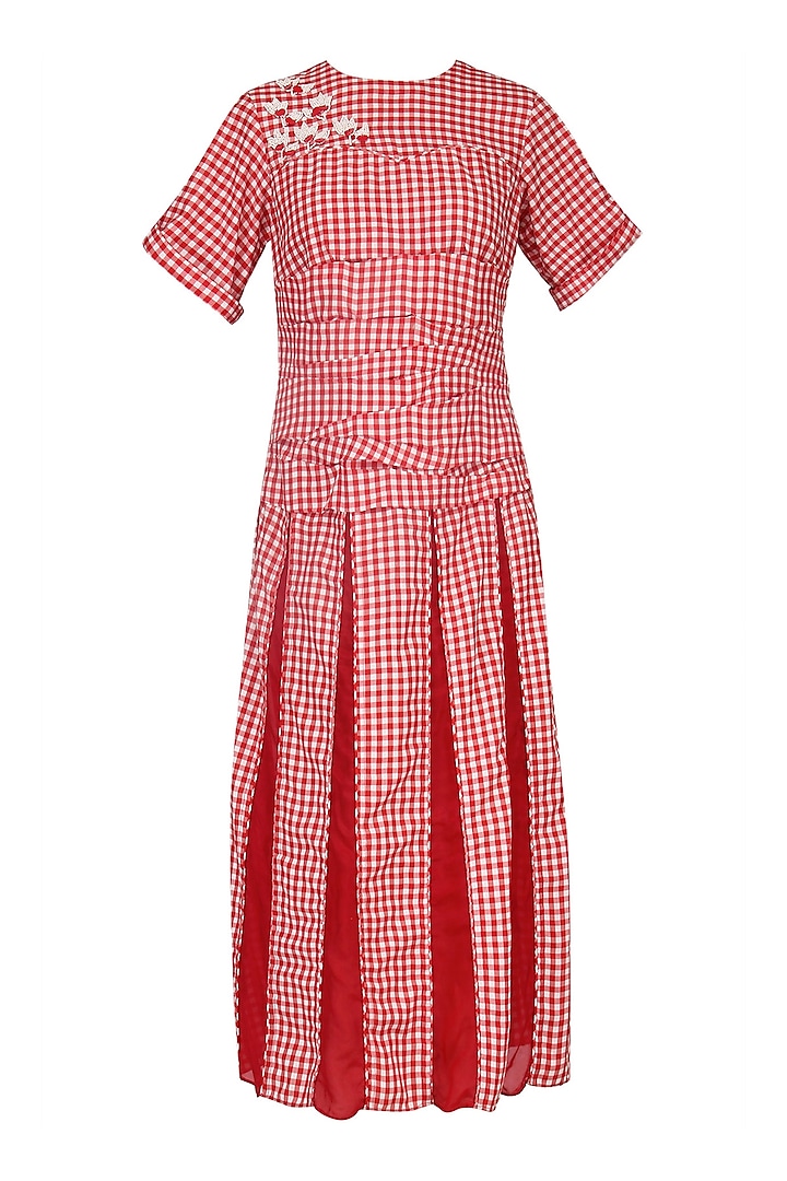 Red and White Gingham Checked Midi Dress by Echo