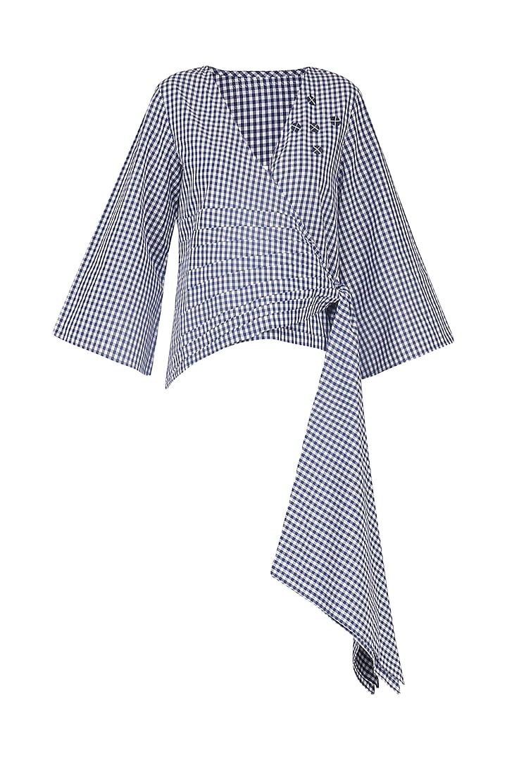 Blue and White Gingham Checked Wrap Top by Echo