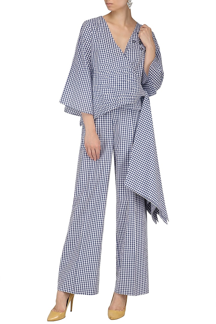 Blue and white gingham checked wrap top available only at Pernia's Pop Up Shop.