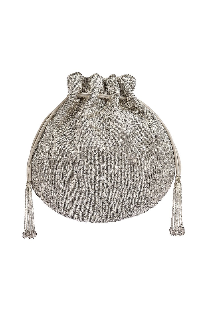 Silver Satin Hand Embroidered Potli by Lovetobag at Pernia's Pop Up Shop