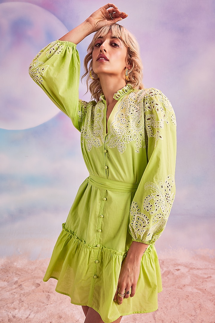Lime Cotton Embroidered Summer Shirt Dress by HOUSE OF EDA at Pernia's Pop Up Shop