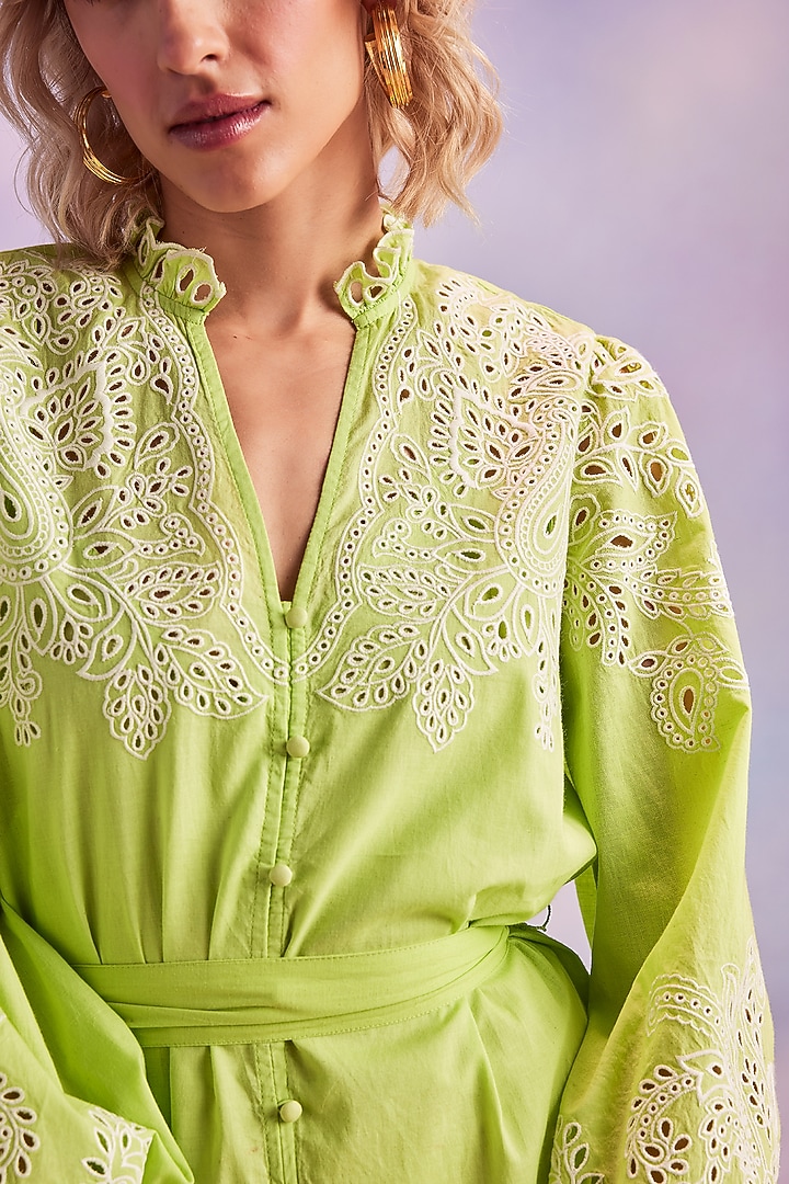 Lime Cotton Embroidered Summer Shirt Dress by HOUSE OF EDA at Pernia's Pop Up Shop
