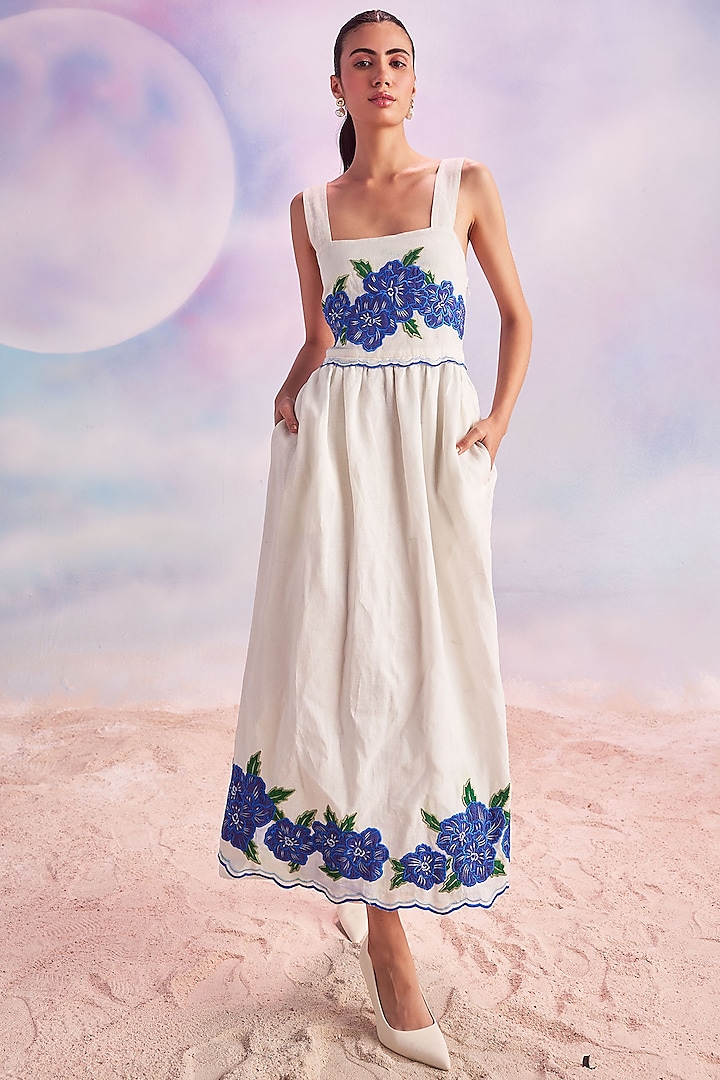 Ivory Cotton Embroidered Midi Dress by HOUSE OF EDA