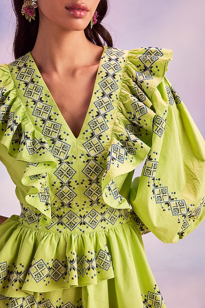Green Cotton Embroidered Mini Vacation Dress by HOUSE OF EDA at Pernia's Pop Up Shop