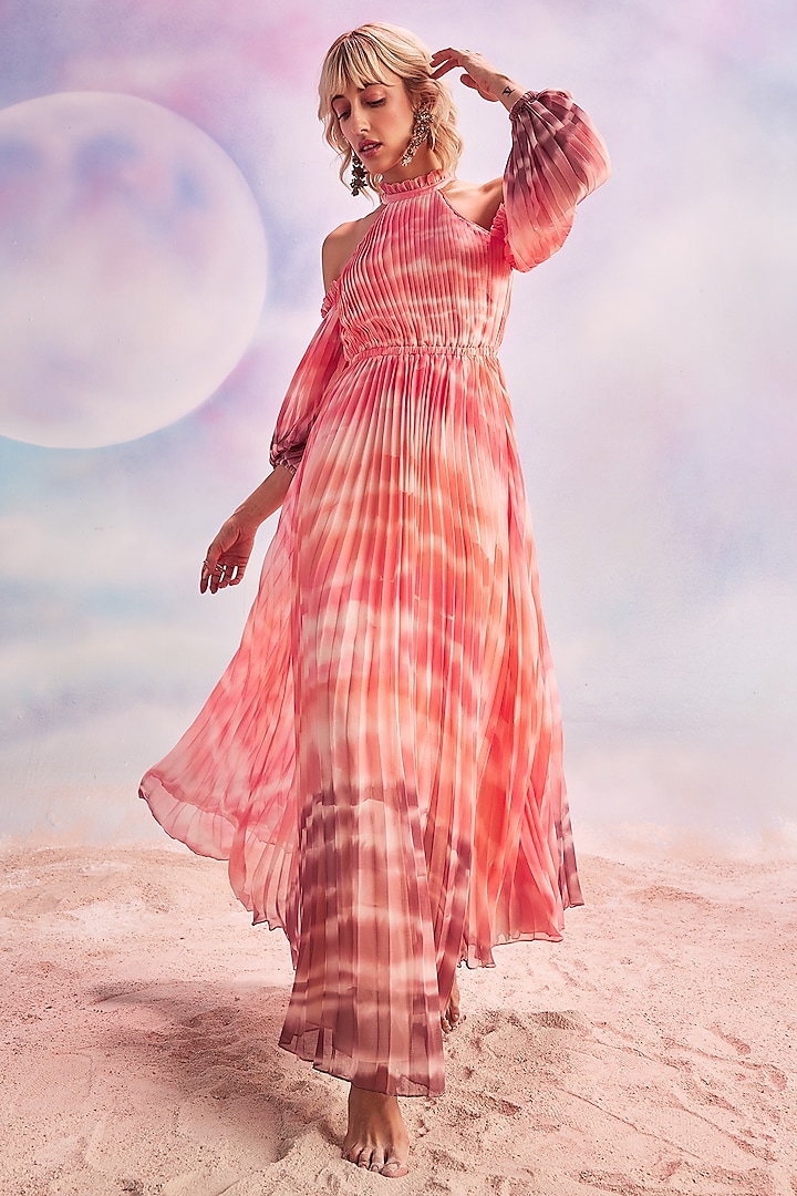 Coral Polyester Ombre Printed Maxi Dress by HOUSE OF EDA