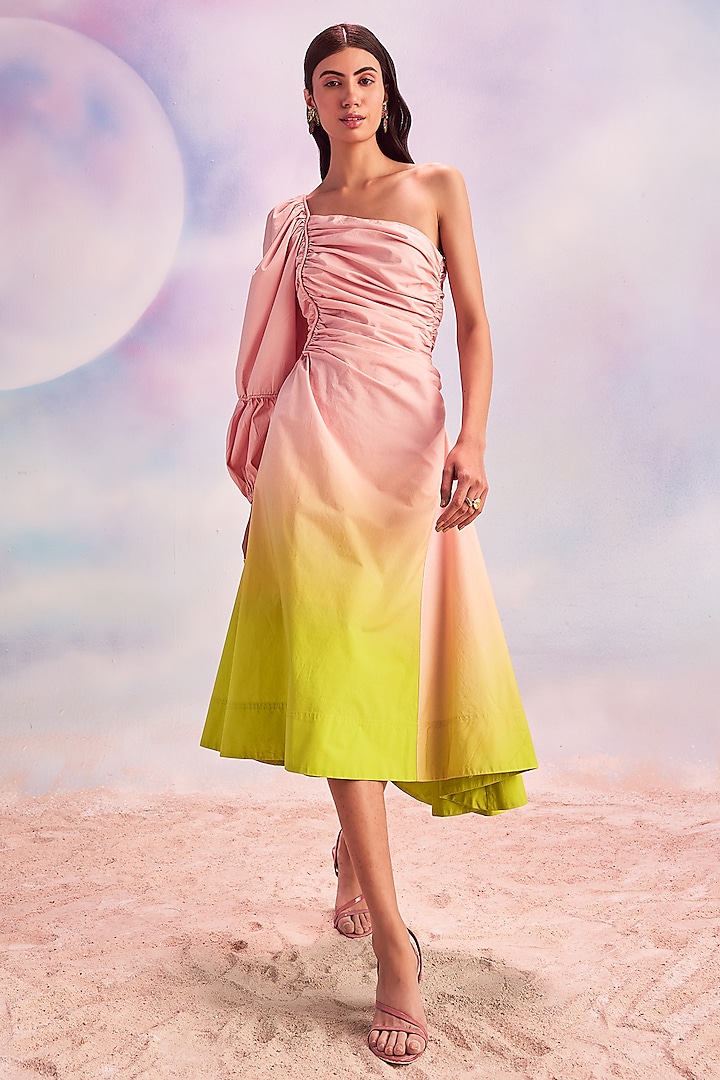 Horizon Pink Cotton One-Shoulder Midi Dress by HOUSE OF EDA